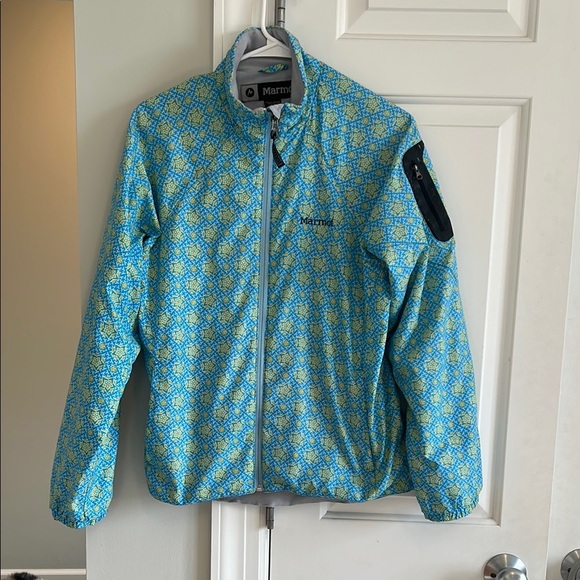 Marmot Windbreaker Jacket Blue Yellow Fleece Lined Fill Zip Medium Granola Girl - Picture 2 of 6